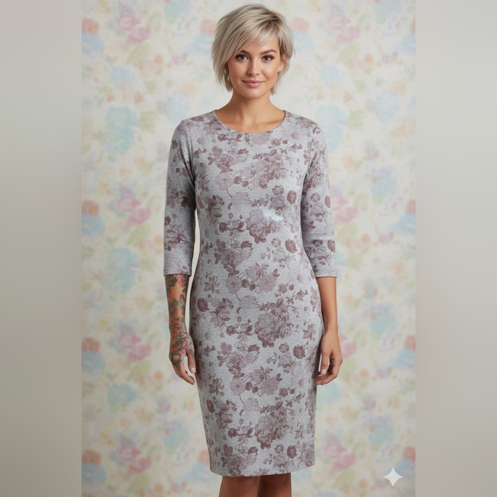 Suzy Shier💐SOFT KNIT MIDI Floral Dress - Gray with Burgundy Floral Design Sz M